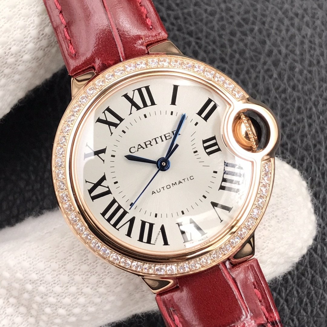 CARTIER BALLON BLEU 33MM ROSE GOLD CASE DIAMOND BEZEL RED LEATHER