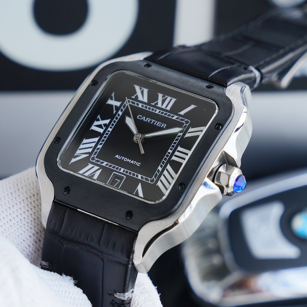 CARTIER SANTOS 40MM STAINLESS STEEL BLACK BEZEL LEATHER STRAP