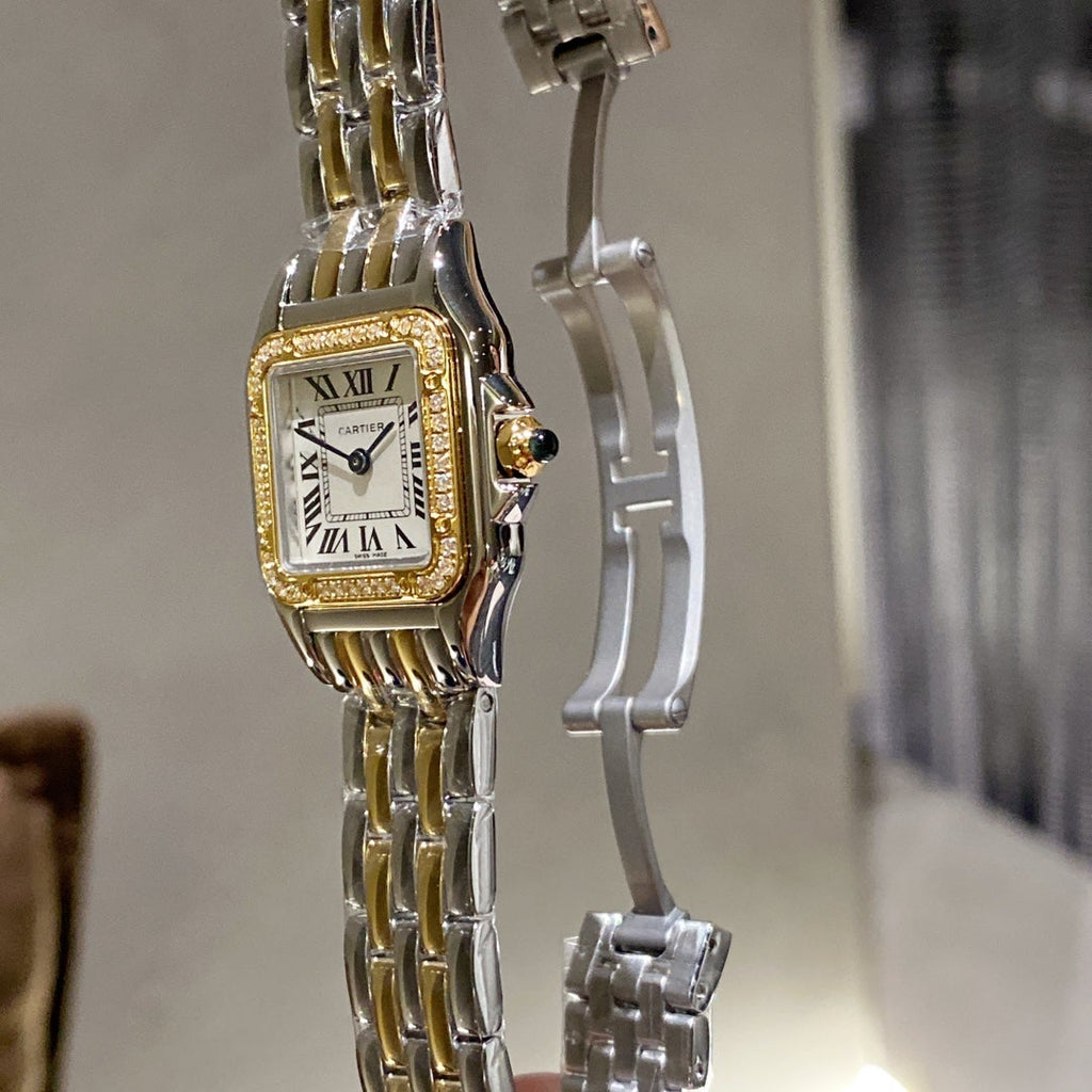 CARTIER PANTHERE 22MM QUARTZ GOLD STEEL DIAMOND BEZEL