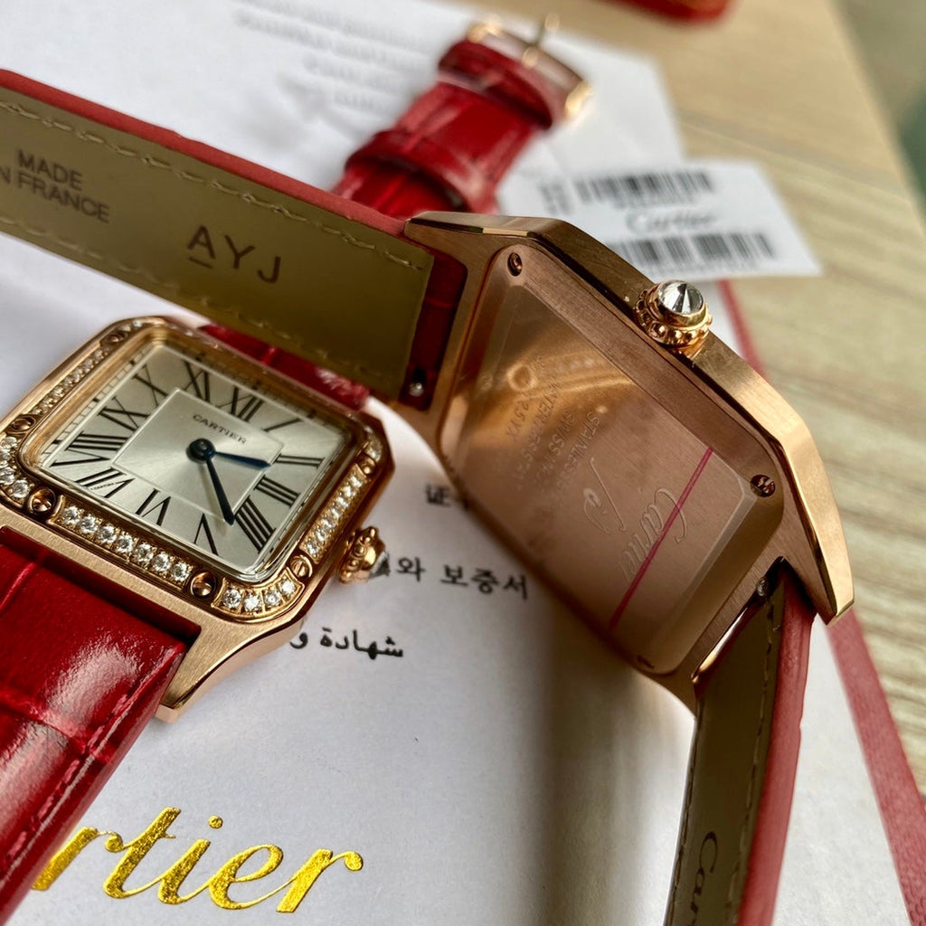 CARTIER SANTOS DUMONT QUARTZ ROSE GOLD CASE DIAMOND BEZEL