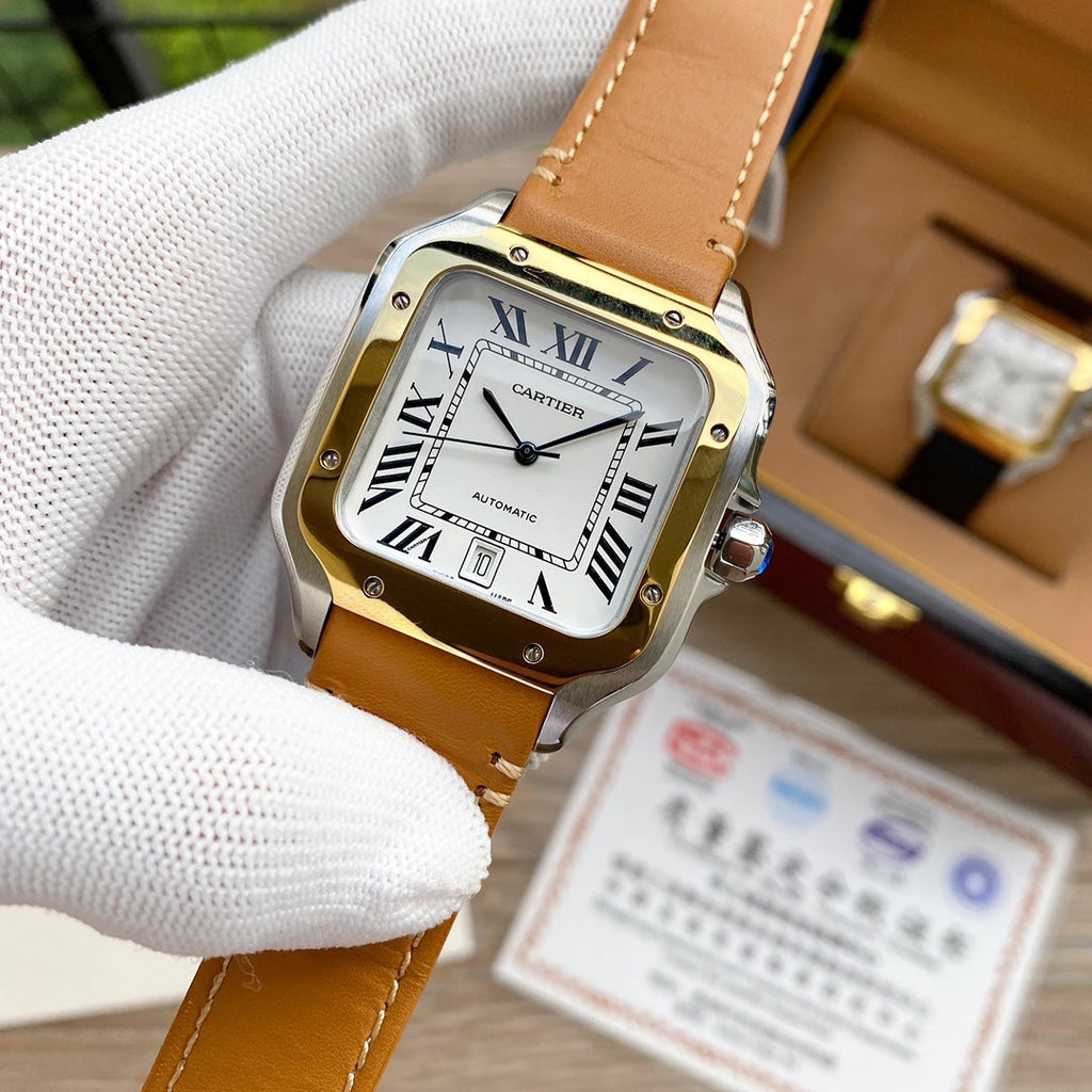 CARTIER SANTOS 38MM GOLD STEEL AUTOMATIC LEATHER