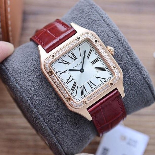 CARTIER SANTOS DUMONT QUARTZ 33MM ROSE GOLD DIAMOND BEZEL