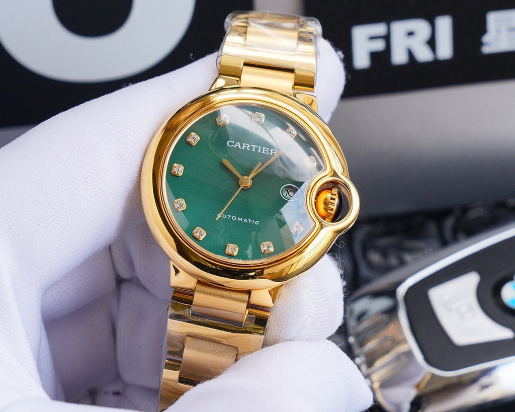 CARTIER BALLON BLEU 33MM GOLD GREEN DIAL DIAMOND NUMERALS