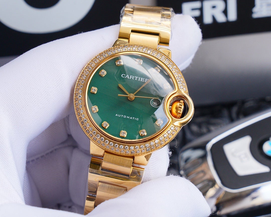 CARTIER BALLON BLEU 33MM GOLD GREEN DIAL DIAMOND NUMERALS