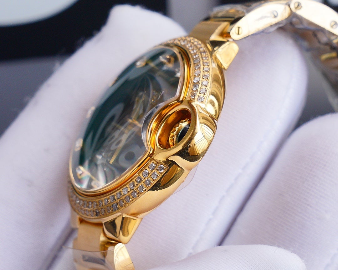 CARTIER BALLON BLEU 33MM GOLD GREEN DIAL DIAMOND NUMERALS