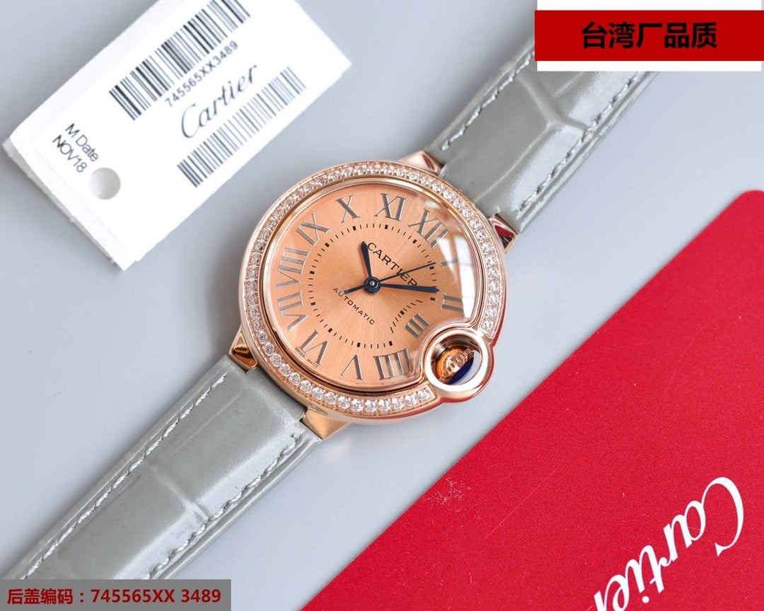 CARTIER BALLON BLEU 33MM ROSE GOLD GREY LEATHER