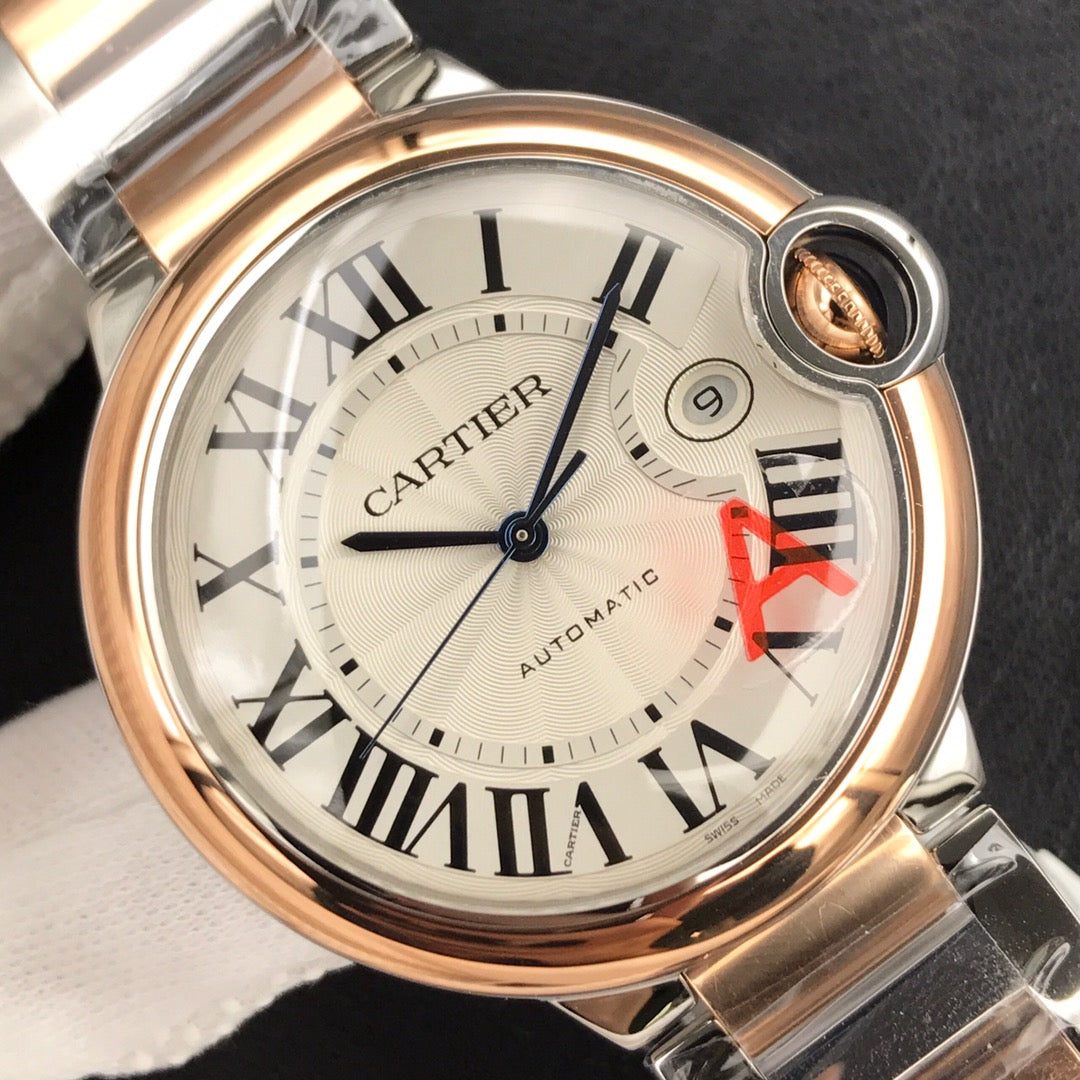 CARTIER BALLON BLEU DATE 42 TWO TONE PINK GOLD SILVER WHITE DIAL