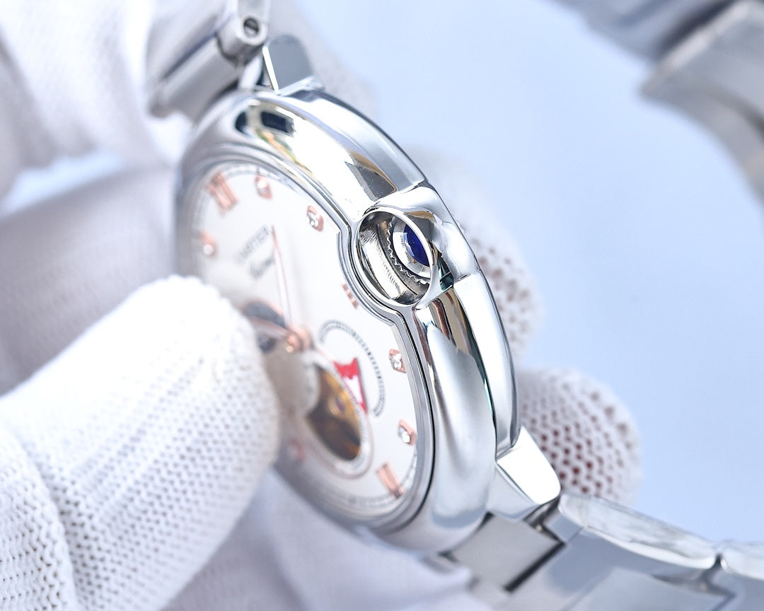 CARTIER BALLON BLEU 36MM OPEN HEART PINK DIAMOND NUMERALS STEEL STRAP