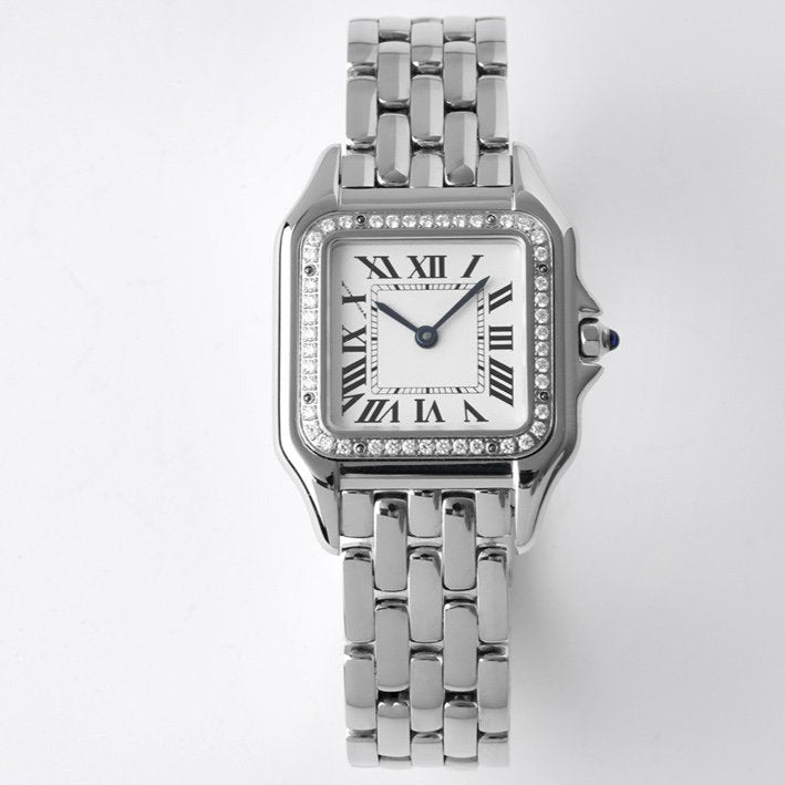 CARTIER PANTHERE 27MM SILVER CASE DIAMOND BEZEL WHITE DIAL