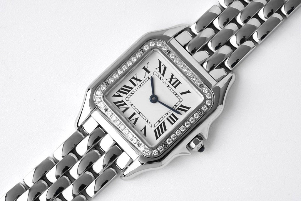 CARTIER PANTHERE 27MM SILVER CASE DIAMOND BEZEL WHITE DIAL
