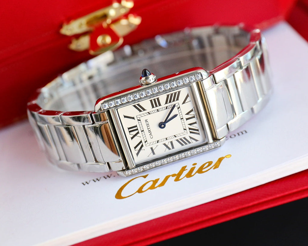 CARTIER TANK MUST SMALL STEEL DIAMOND BEZEL WHITE DIAL
