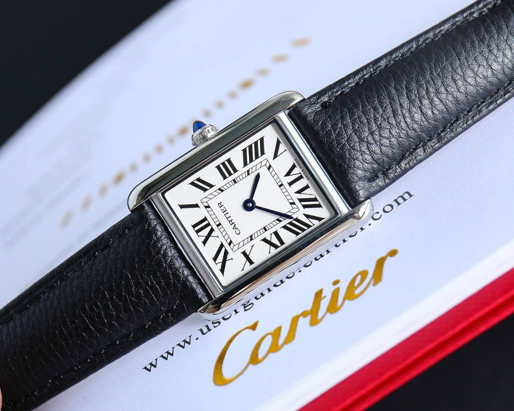 CARTIER TANK MUST SMALL STEEL LEATHER STRAP WHITE DIAL