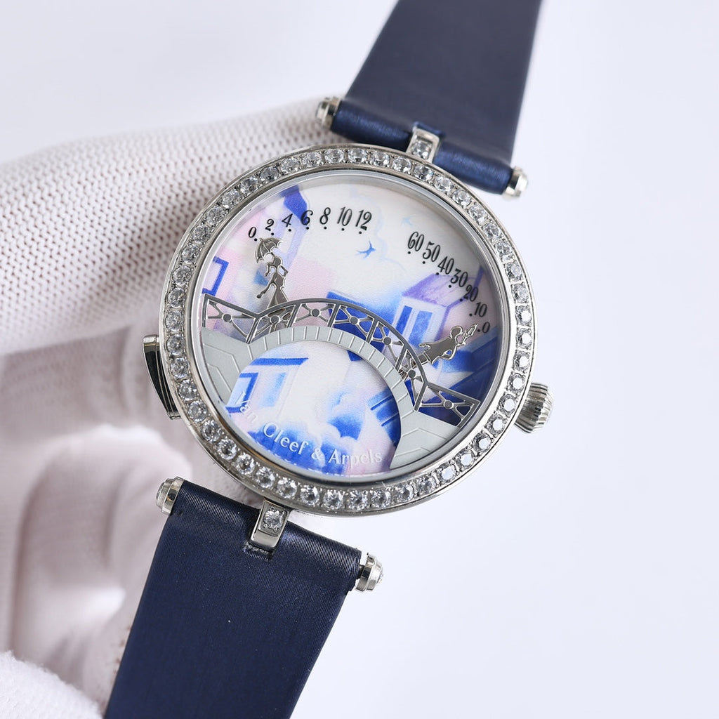 VAN CLEEF & ARPELS LADY ARPELS LOVER BRIDGE WHITE DIAL BLUE STRAP