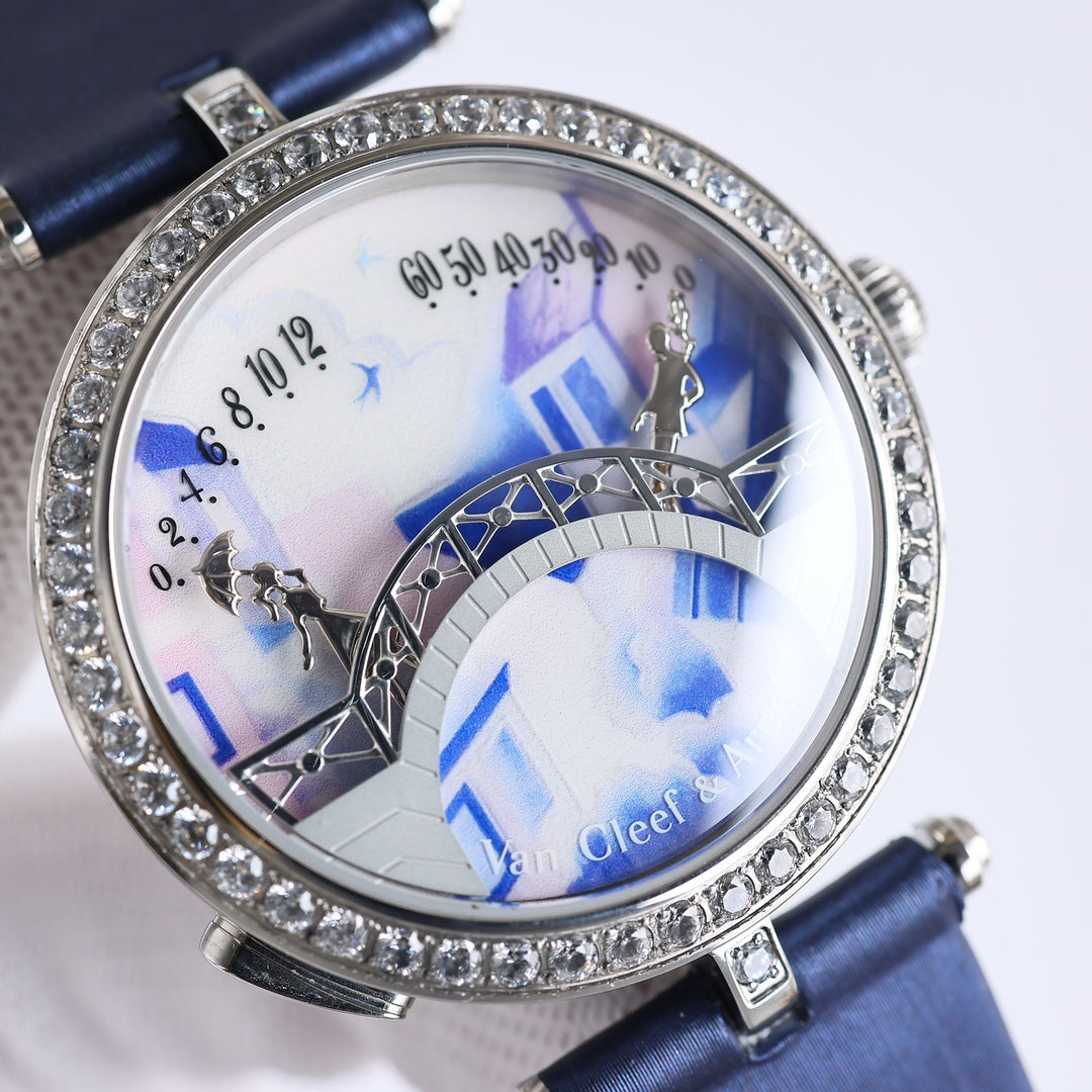 VAN CLEEF & ARPELS LADY ARPELS LOVER BRIDGE WHITE DIAL BLUE STRAP