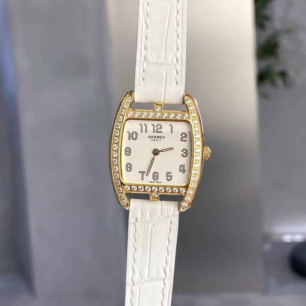 HERMES CAPE COD 26 GOLD MOP DIAL DIAMOND BEZEL WHITE LEATHER