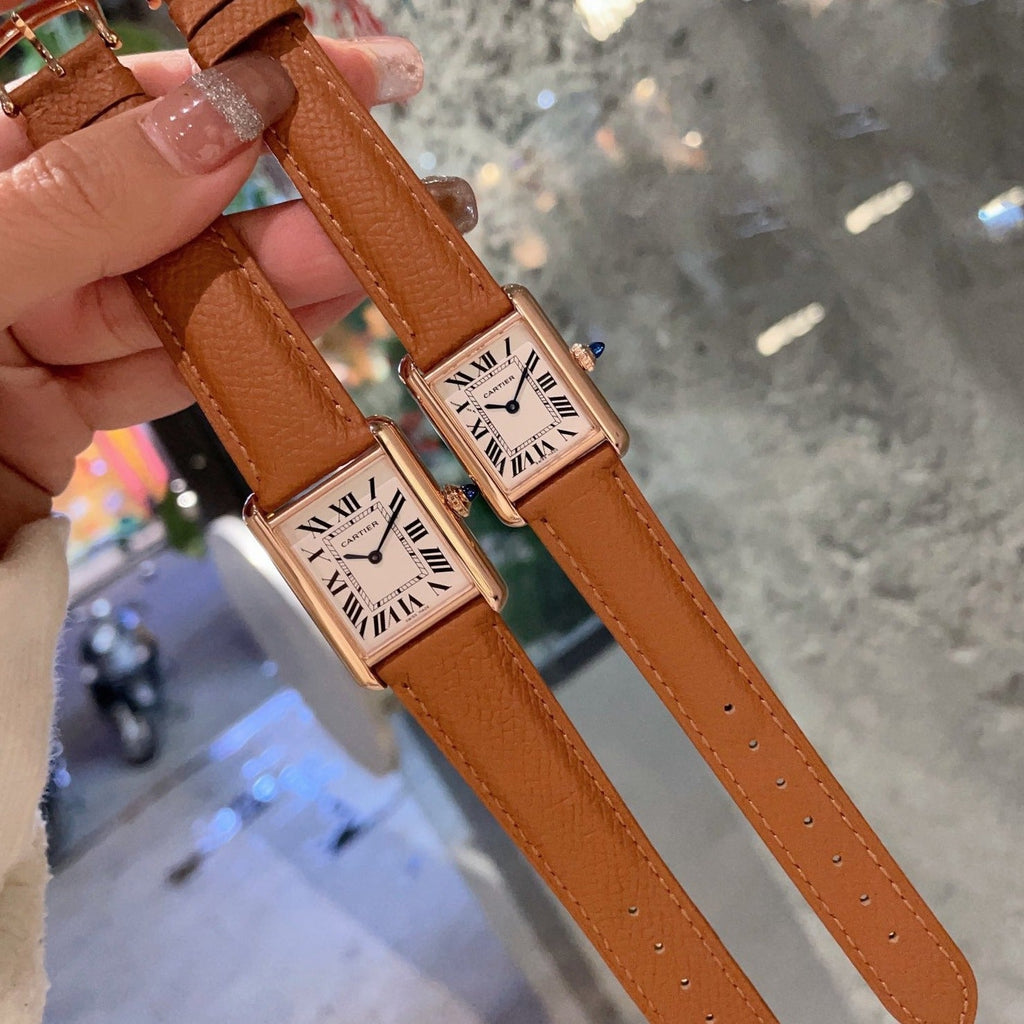 CARTIER TANK MUST PINK GOLD BROWN EPSOM LEATHER