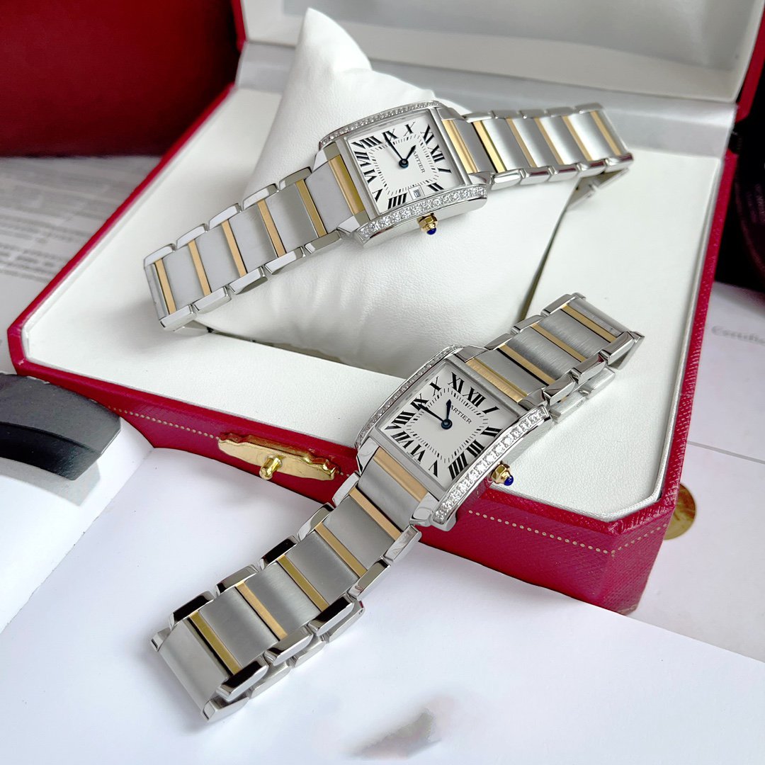 CARTIER TANK FRANCAISE GOLD STEEL DIAMOND BEZEL WHITE DIAL