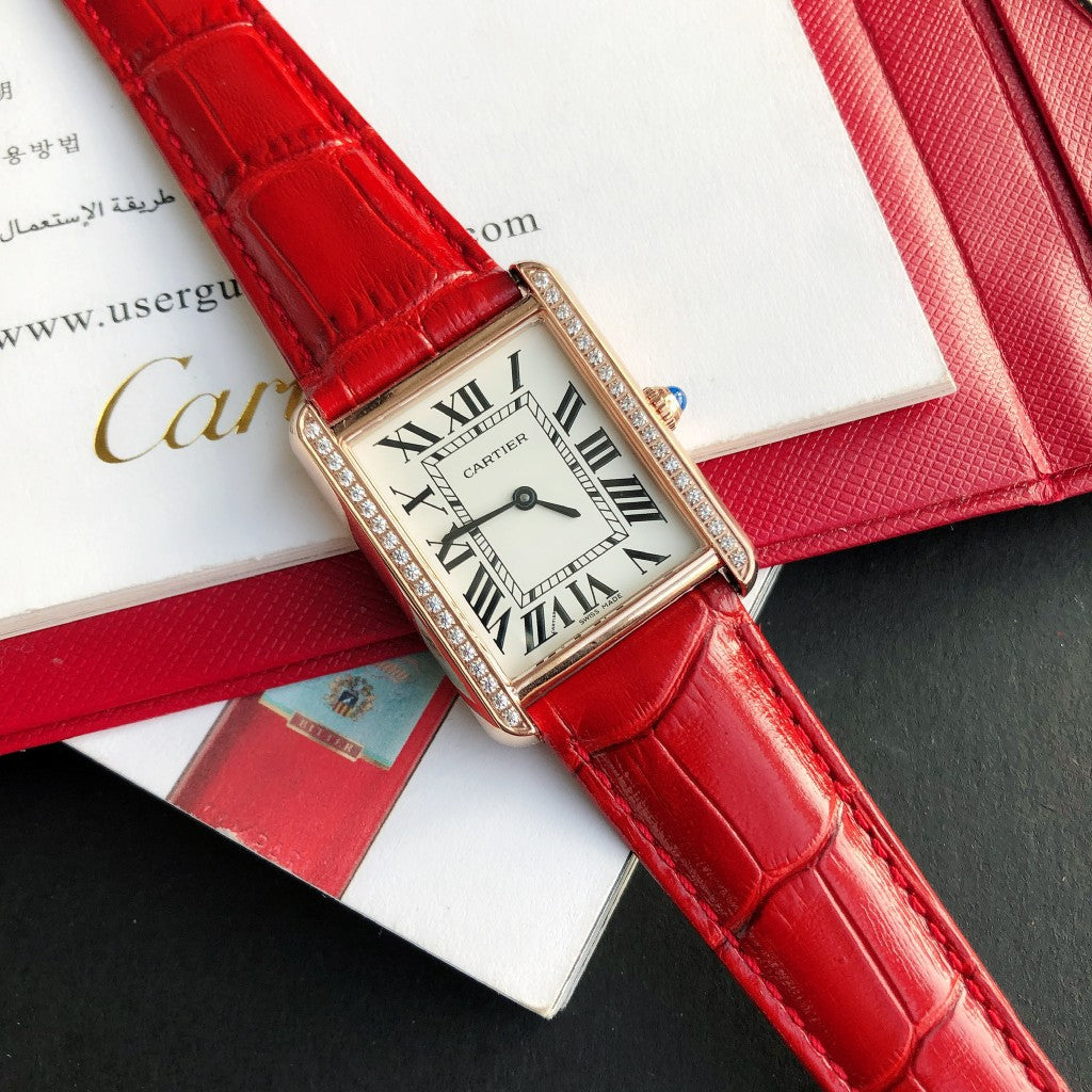 CARTIER TANK SOLO PINK GOLD DIAMOND BEZEL RED CROCODILE LEATHER
