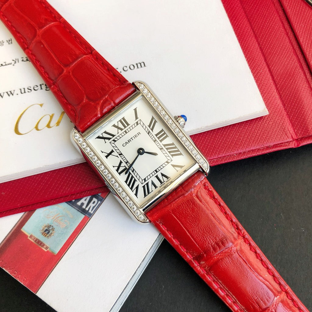 CARTIER TANK SOLO STEEL DIAMOND BEZEL RED CROCODILE LEATHER
