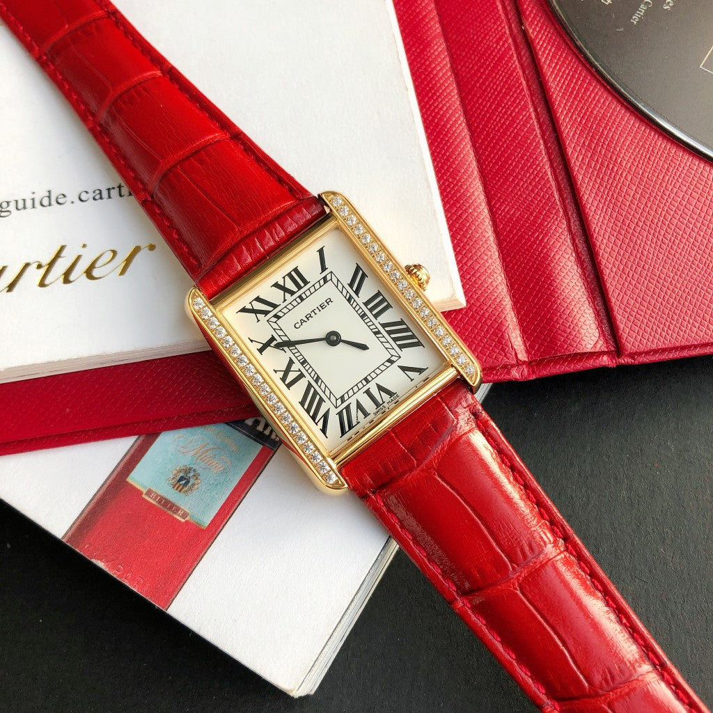 CARTIER TANK SOLO GOLD DIAMOND BEZEL RED CROCODILE LEATHER