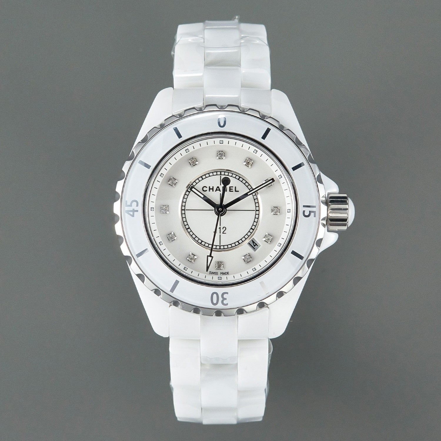 CHANEL J12 Date Quartz White Ceramic Diamond Numerals White Dial