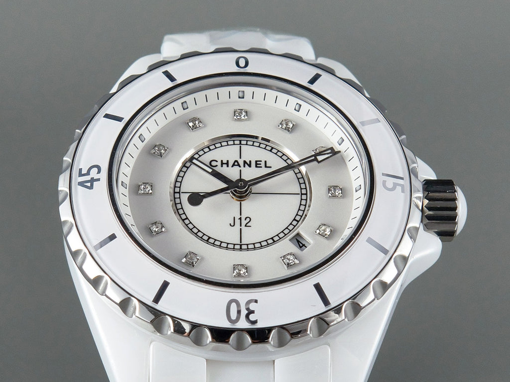 CHANEL J12 Date Quartz White Ceramic Diamond Numerals White Dial