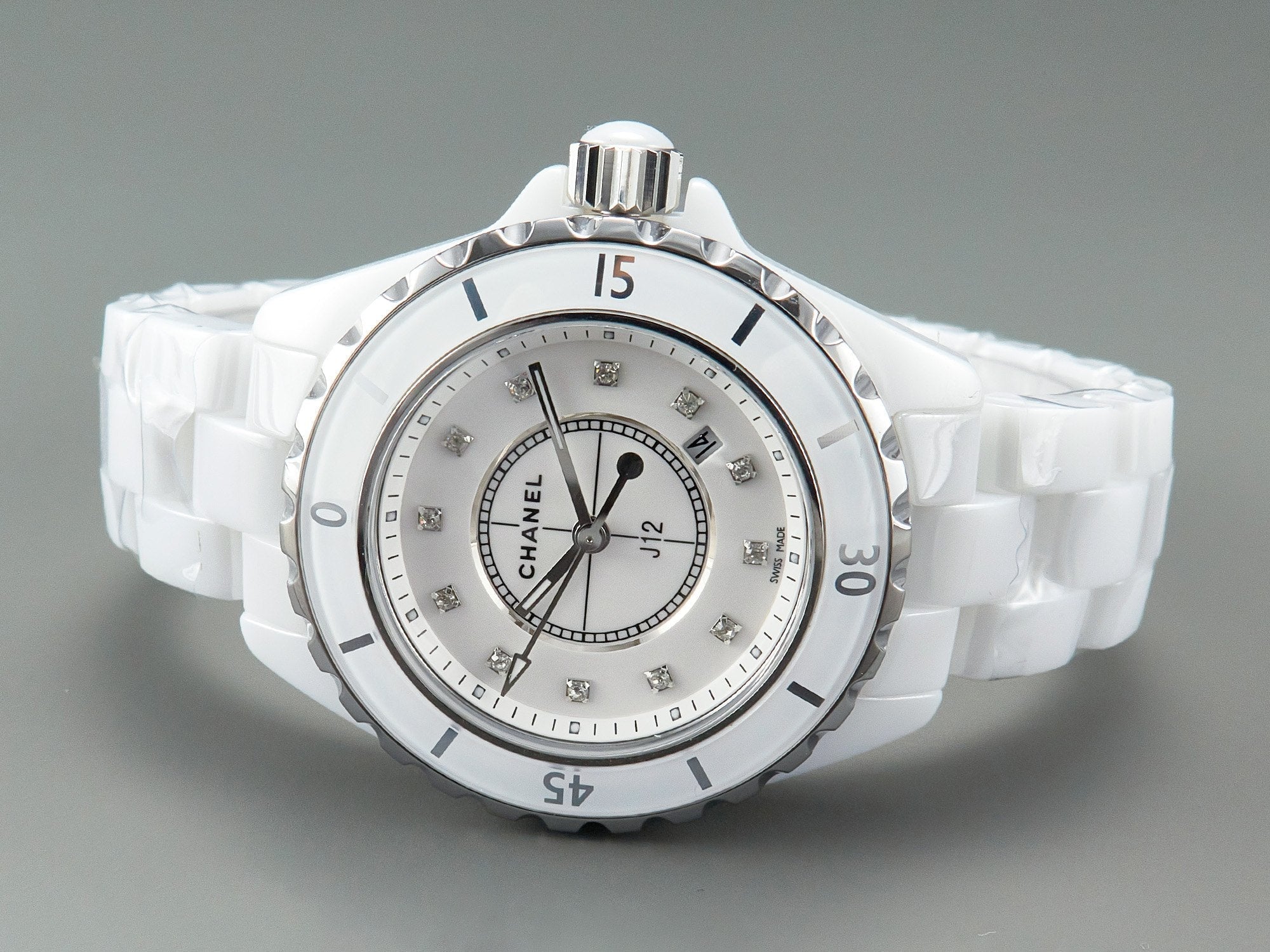 CHANEL J12 Date Quartz White Ceramic Diamond Numerals White Dial