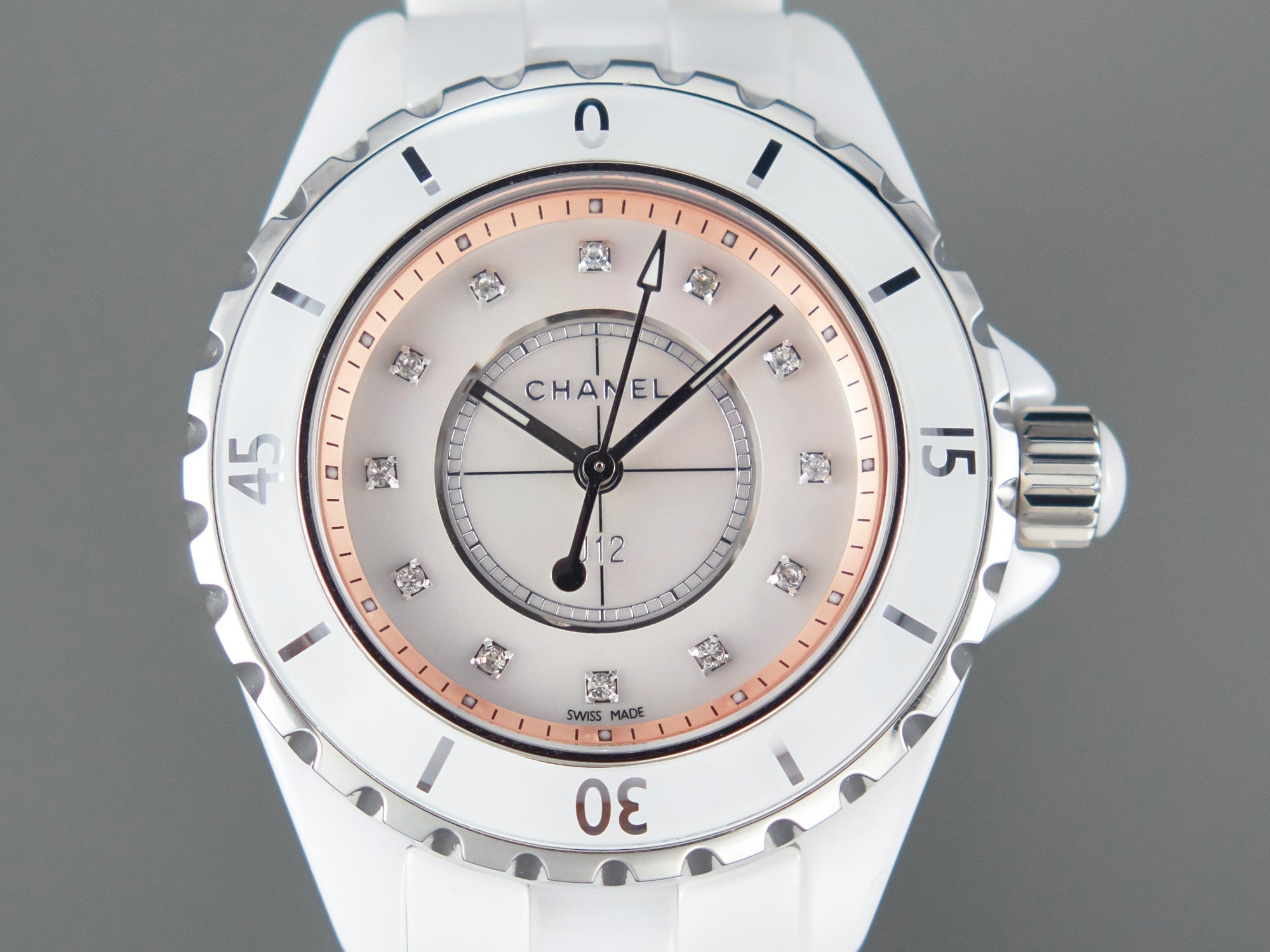 CHANEL J12 33mm Quartz White Ceramic Diamond Numerals Pink Mop Dial