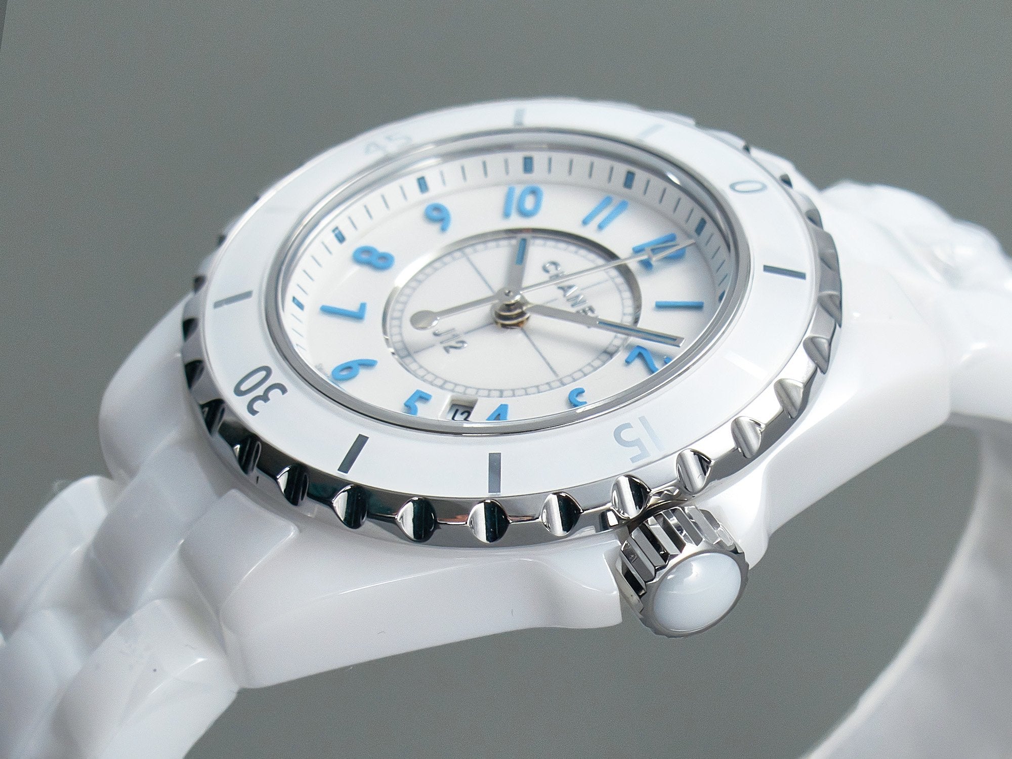 CHANEL J12 Date Quartz White Ceramic Blue Numerals White Dial