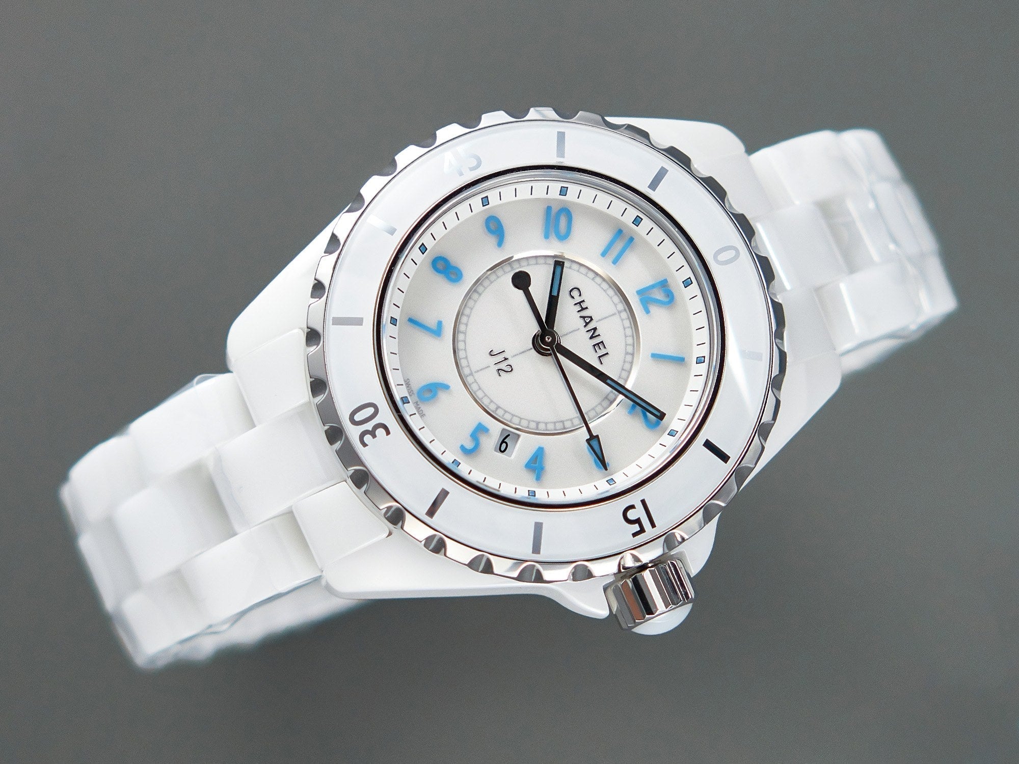 CHANEL J12 Date Quartz White Ceramic Blue Numerals White Dial