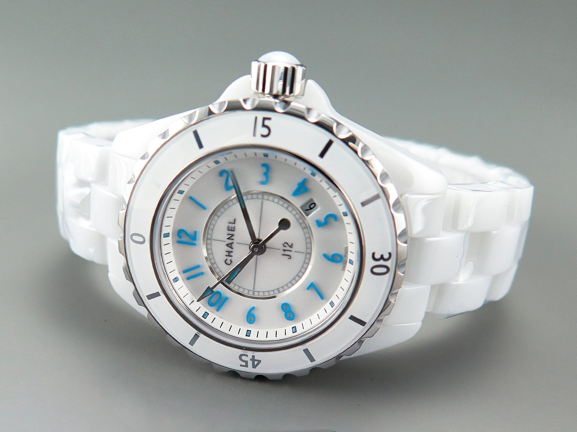 CHANEL J12 Date Quartz White Ceramic Blue Numerals White Dial