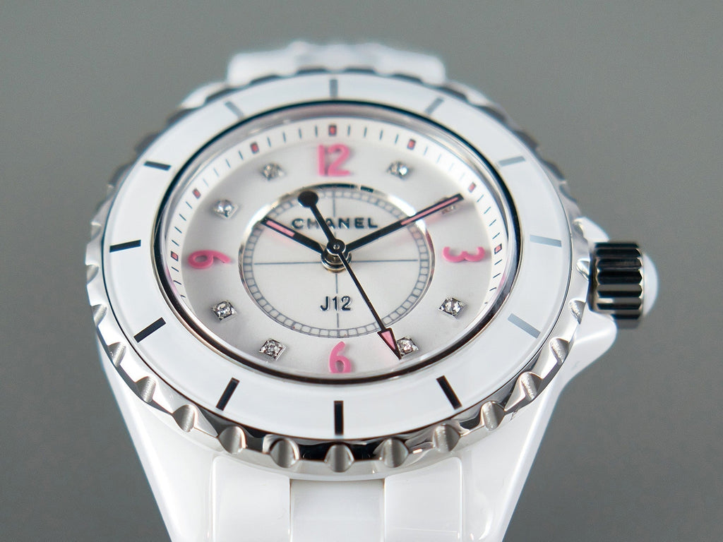 CHANEL J12 Quartz White Ceramic Pink Diamond Numerals White Dial