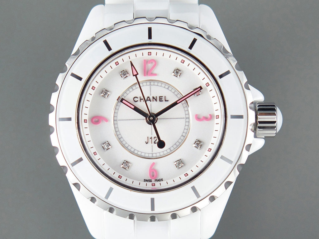CHANEL J12 Quartz White Ceramic Pink Diamond Numerals White Dial