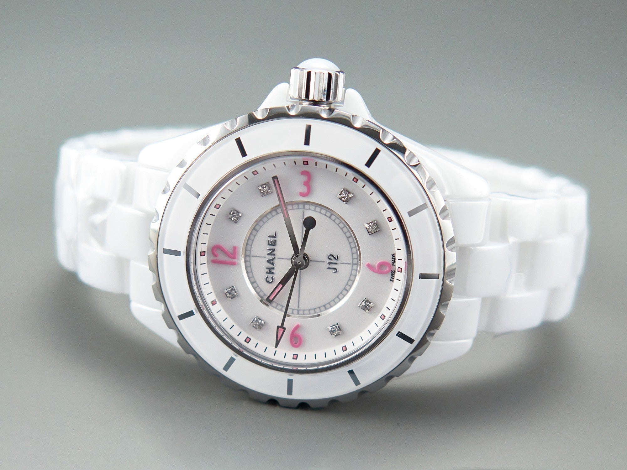 CHANEL J12 Quartz White Ceramic Pink Diamond Numerals White Dial