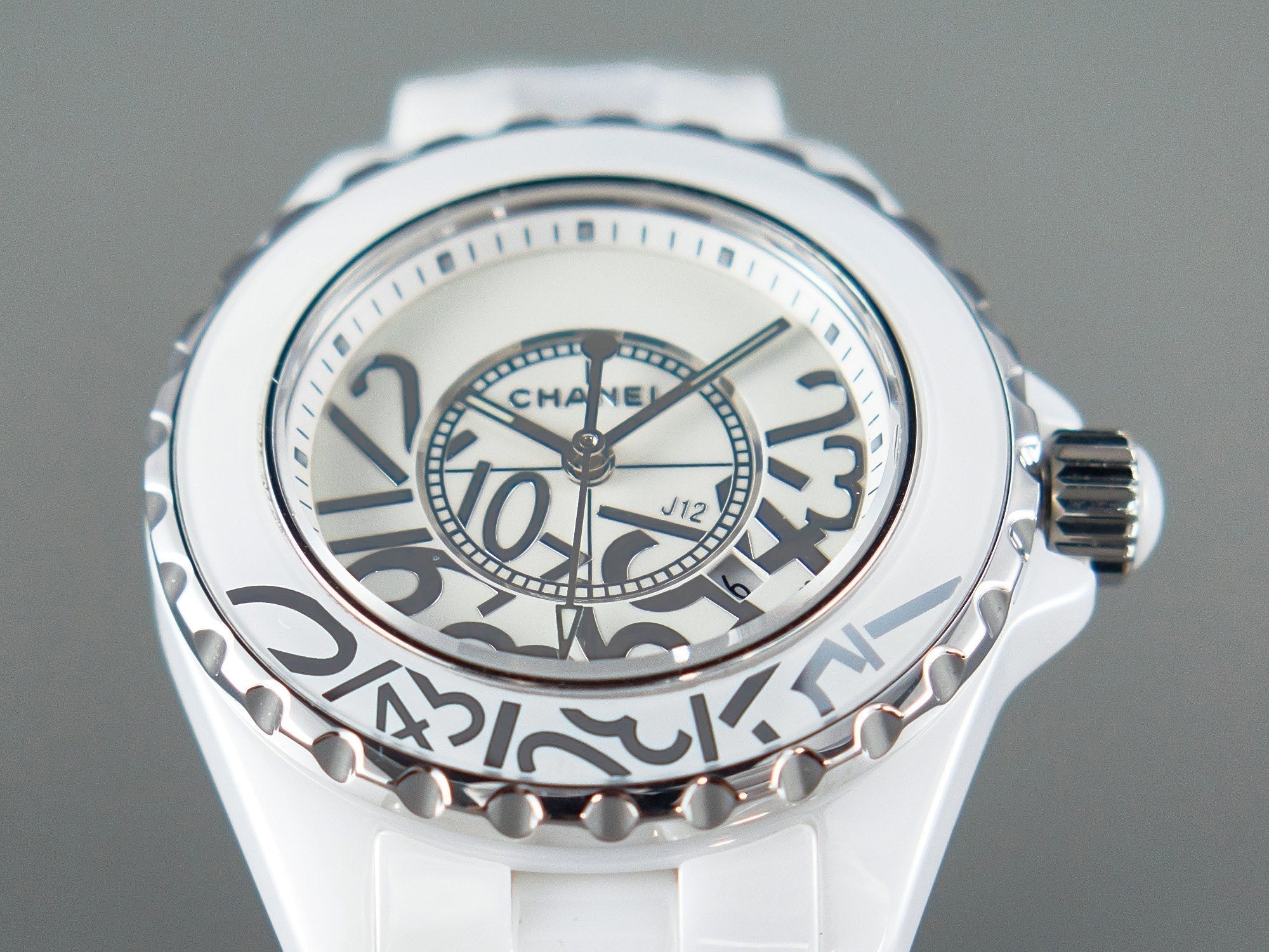 CHANEL J12 Date Quartz White Ceramic Stainless Graffiti Limited