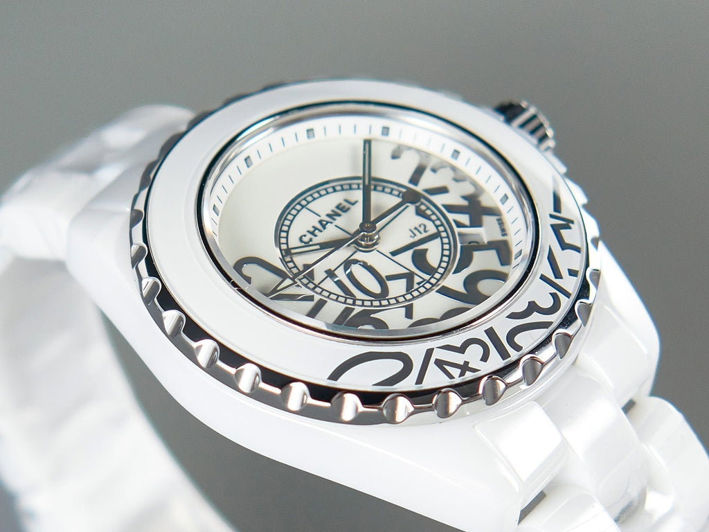 CHANEL J12 Date Quartz White Ceramic Stainless Graffiti Limited
