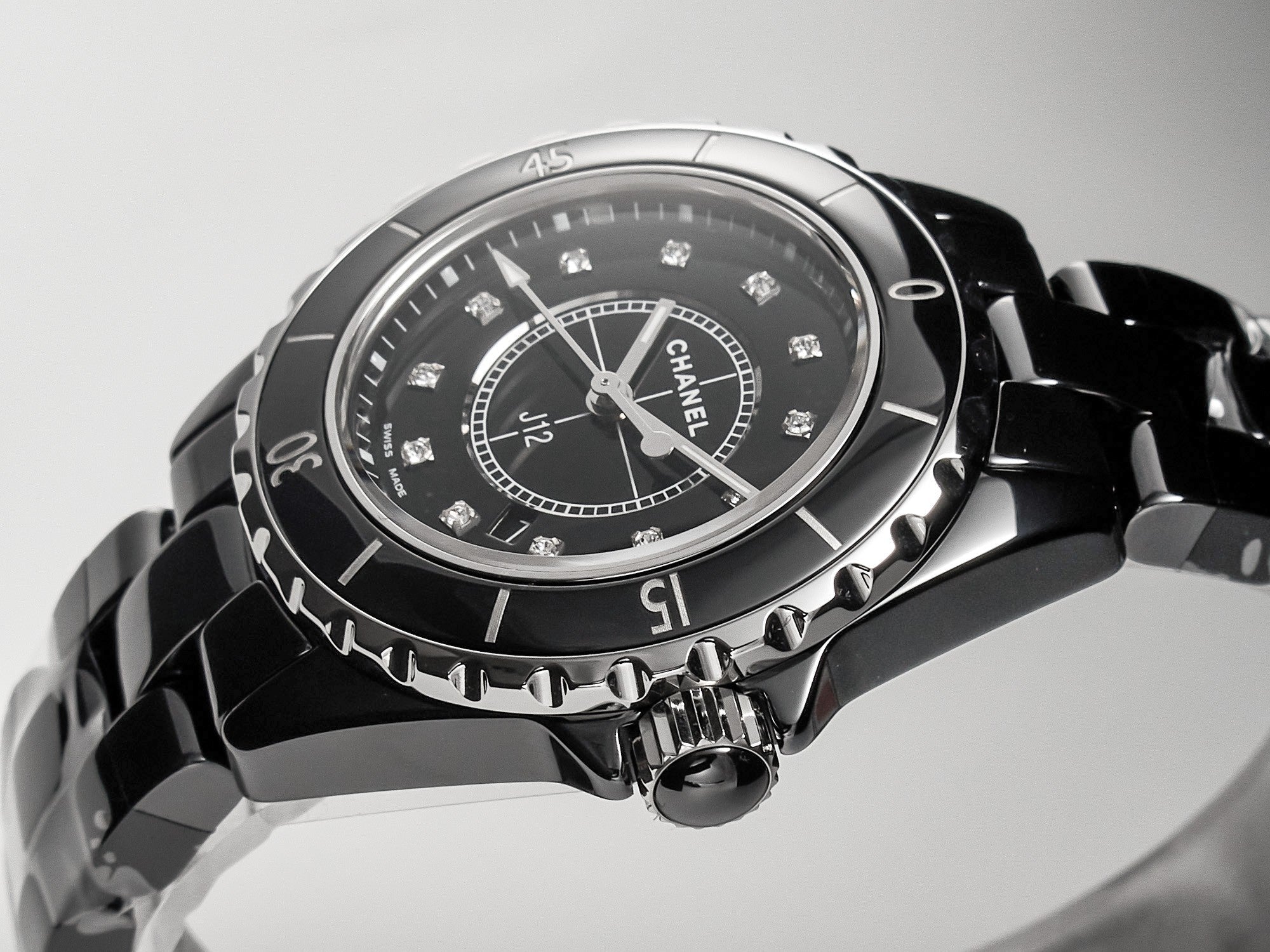 CHANEL J12 Date Quartz Black Ceramic Diamond Numerals Black Dial