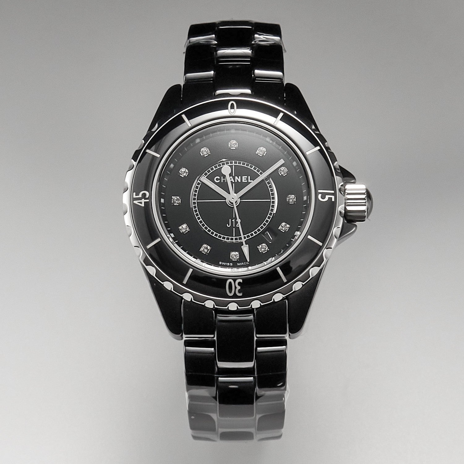 CHANEL J12 Date Quartz Black Ceramic Diamond Numerals Black Dial