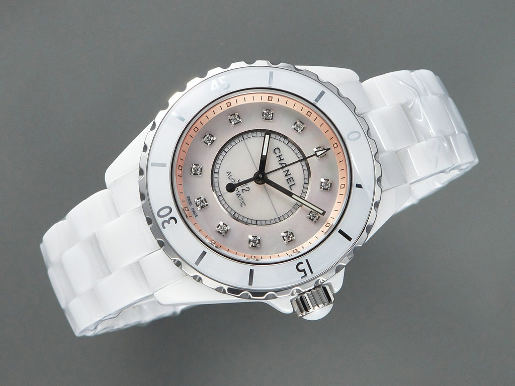 CHANEL J12 Automatic White Ceramic Diamond Numerals Pink Mop Dial