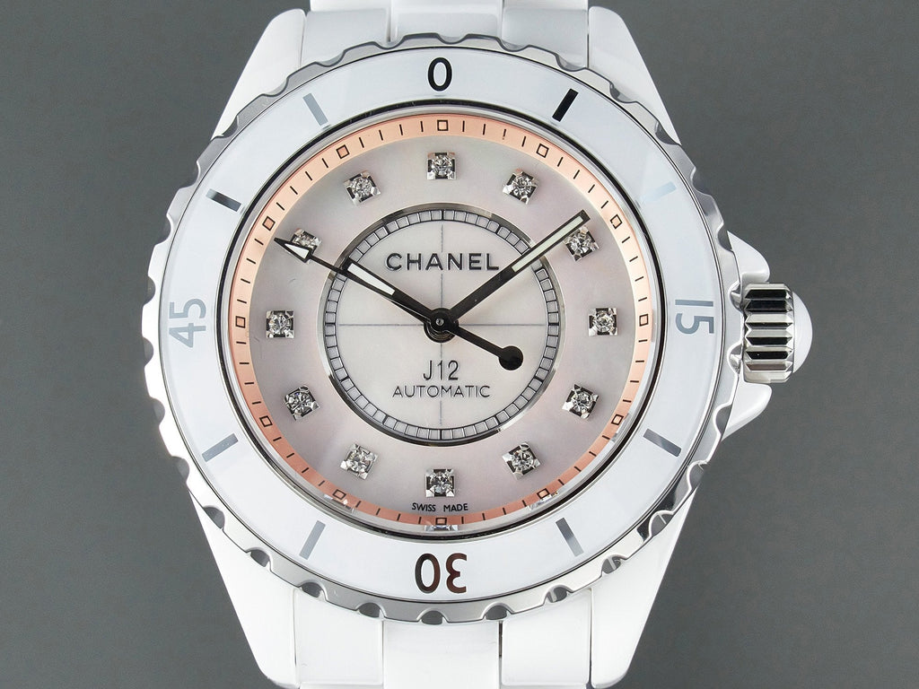 CHANEL J12 Automatic White Ceramic Diamond Numerals Pink Mop Dial
