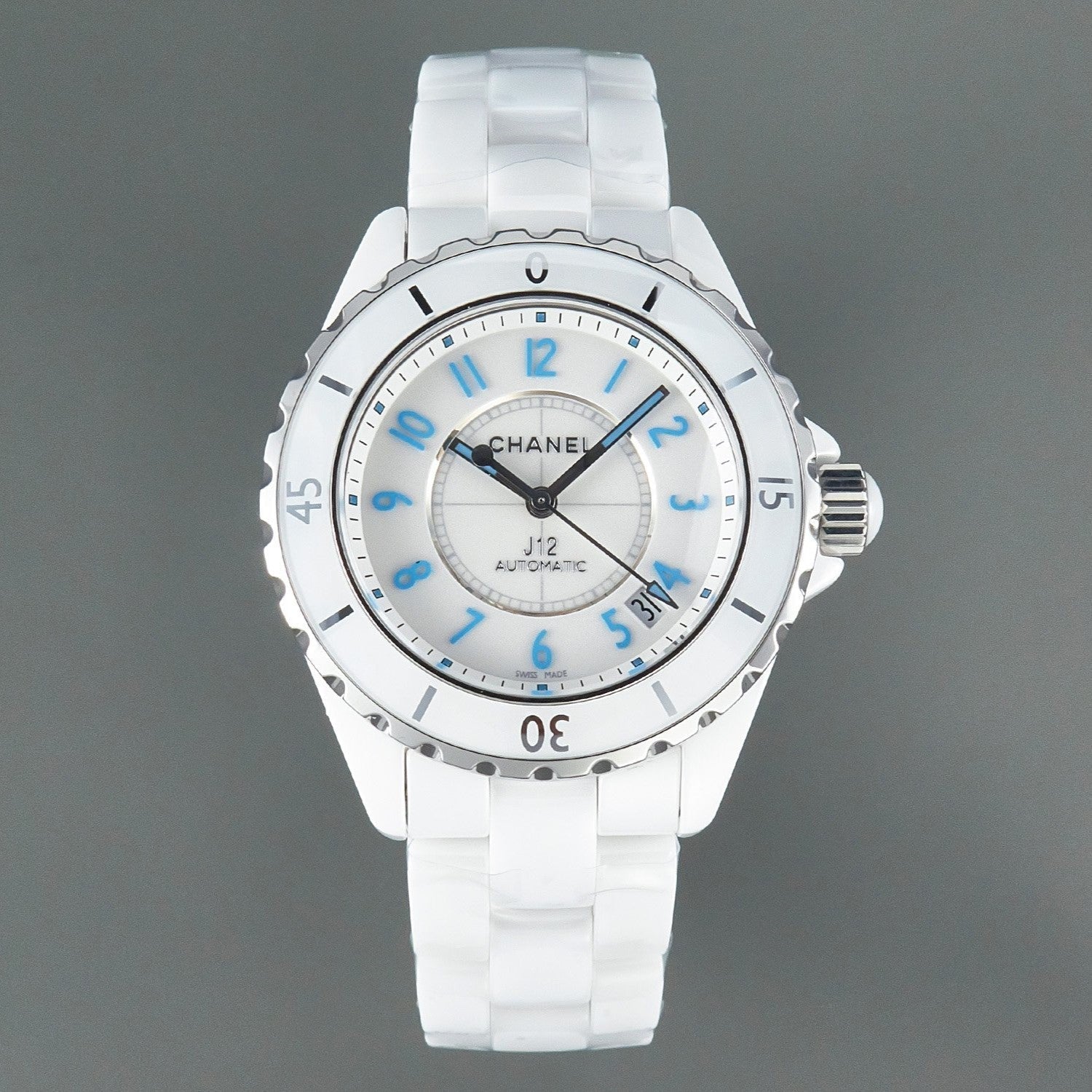 CHANEL J12 Date Automatic White Ceramic Blue Numerals White Dial